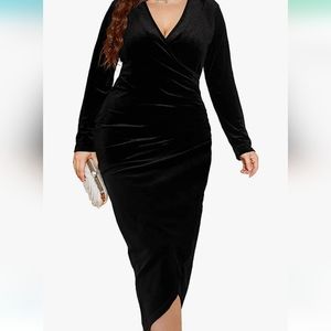Black Long Sleeve Velvet V Dress XL Plus
